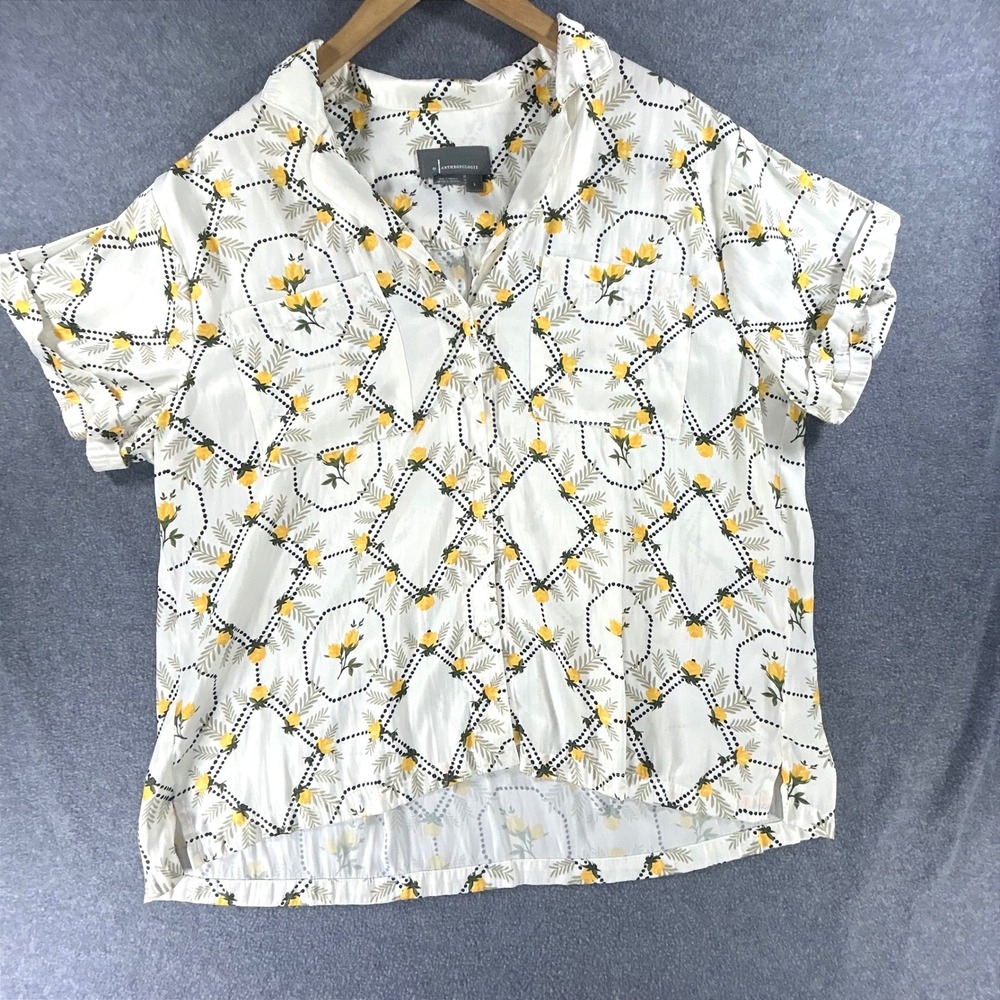 Anthropologie Cottagecore Floral Button Down Top Large Boho Garden Rose White